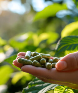 Hand holding a kratom capsules (Mitragyna speciosa) on a natural background